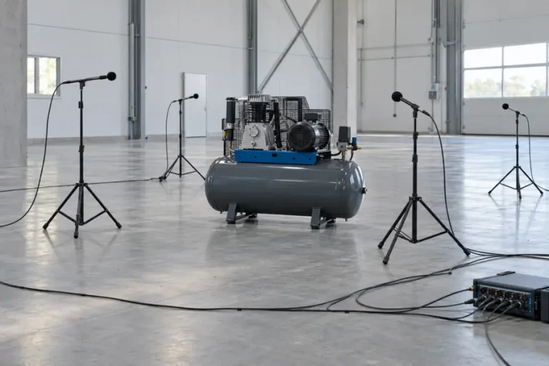 Misura della potenza sonora di un compressore con microfoni disposti attorno alla macchina