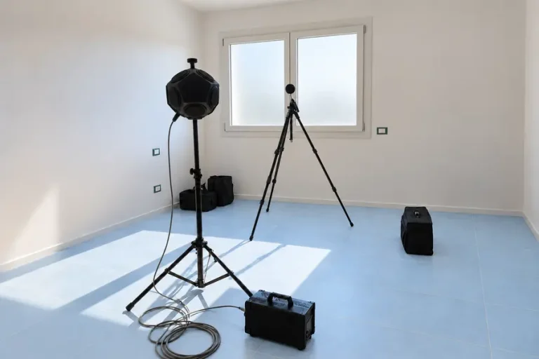Misura dell’isolamento acustico in un ambiente interno con sorgente dodecaedrica e microfono su treppiede