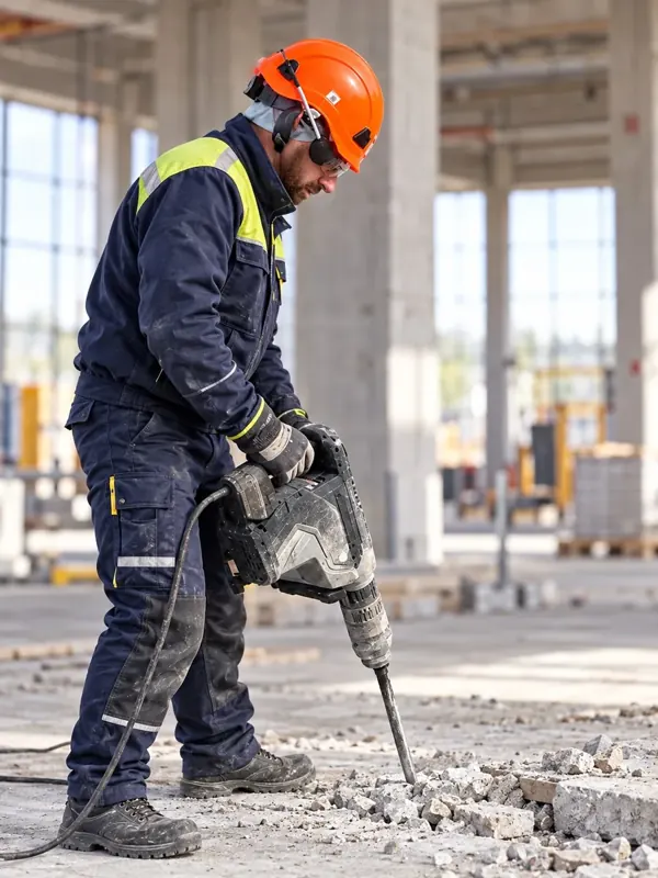 Operatore con martello demolitore e cuffie antirumore in ambiente industriale; immagine illustrativa rielaborata